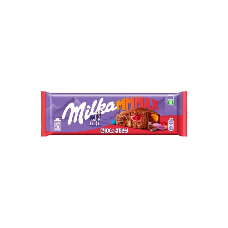 Milka Mmmax tejcsokoládé meggyes zselédarabkákkal, cukordrazséval és robbanócukorkával 250 g