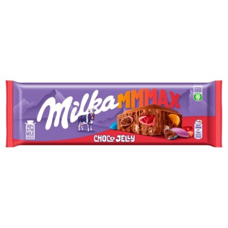 Milka Mmmax tejcsokoládé meggyes zselédarabkákkal, cukordrazséval és robbanócukorkával 250 g