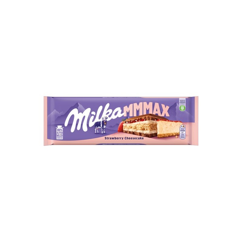 Milka alpesi tejcsokoládé sajttortaízű krémtöltelékkel, epres töltelékkel és keksszel 300 g