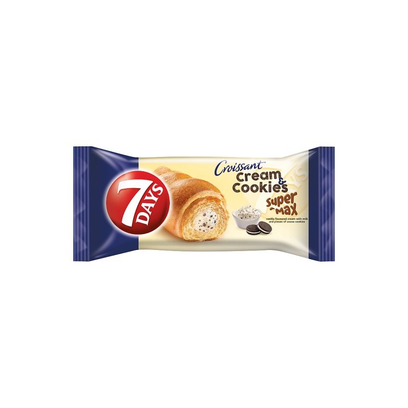 7DAYS Cream & Cookies Super Max vanília ízű krémmel töltött croissant kakaós keksz darabokkal 110 g