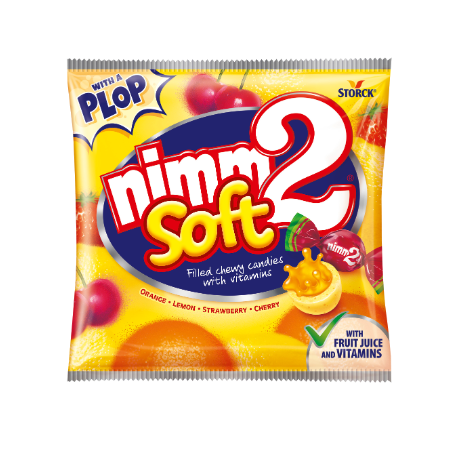 NIMM2 SOFT CUKORKA 90G, Gyümölcsös töltött olvadó cukorka gyümölcslével és vitaminokkal