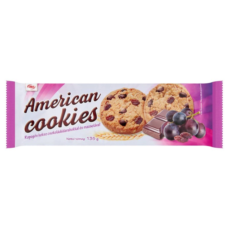 CBA American Cookies ropogós keksz csokoládédarabokkal és mazsolával 135g