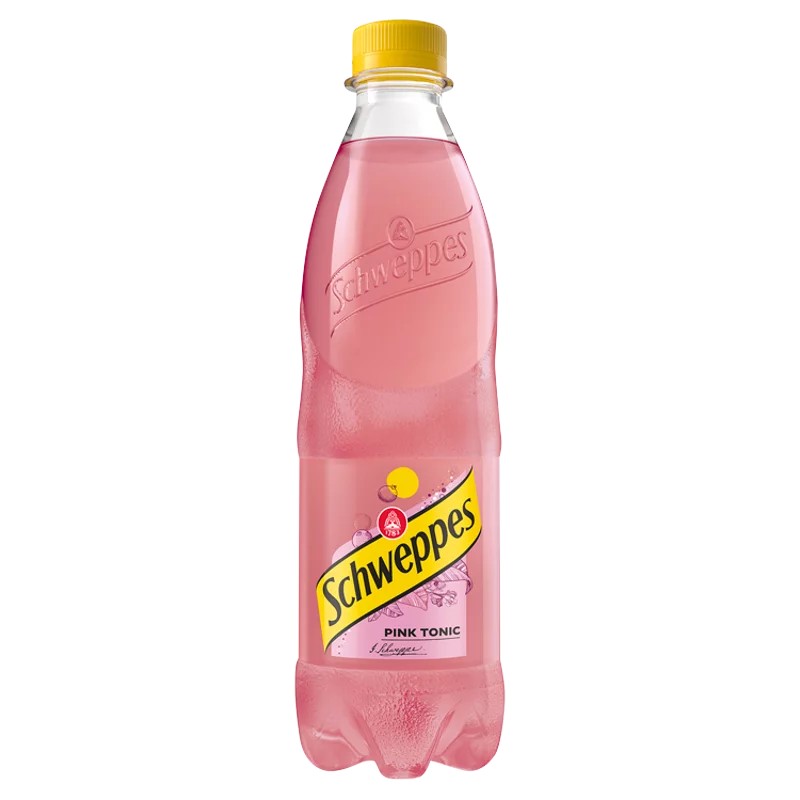 Schweppes Pink Tonic feketeribizli ízű szénsavas üdítőital cukorral és édesítőszerekkel 0,5L Pet, drs