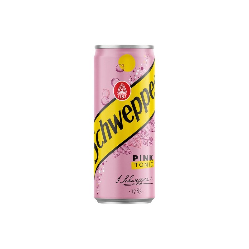 Schweppes Pink Tonic feketeribizli ízű szénsavas üdítőital cukorral és édesítőszerekkel 0,33L dobozos, drs