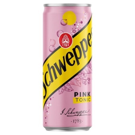 Schweppes Pink Tonic feketeribizli ízű szénsavas üdítőital cukorral és édesítőszerekkel 0,33L dobozos, drs