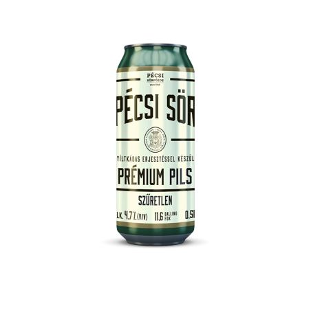 Pécsi prémium szűretlen pils dob.sör 0,5l, DRS