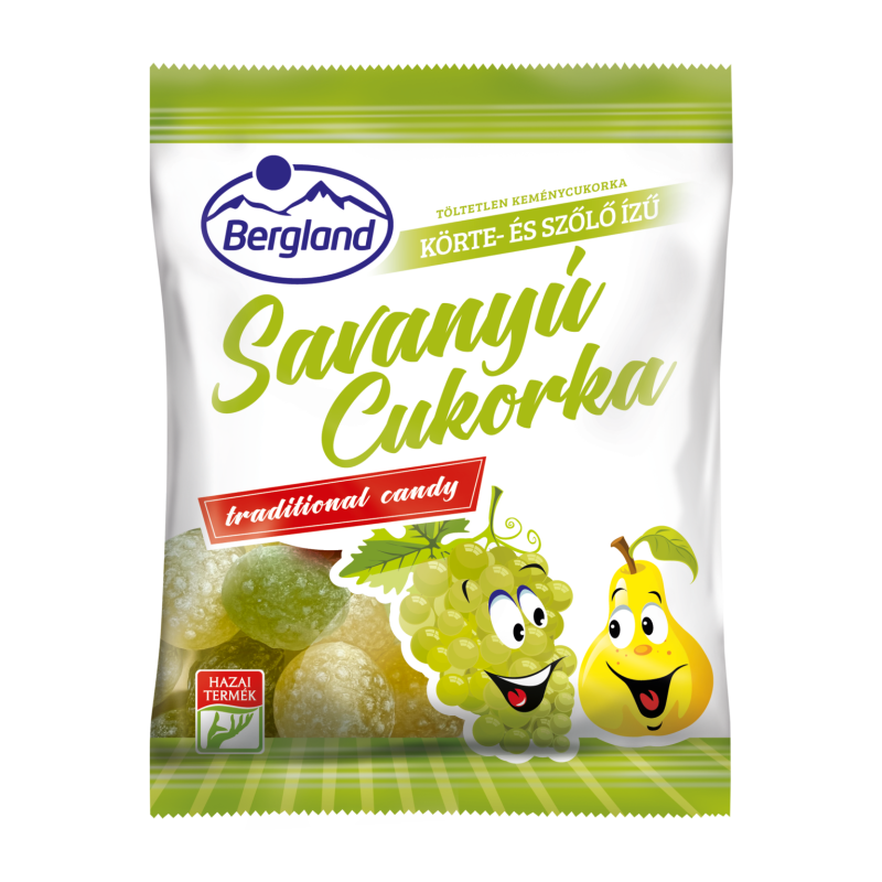 Bergland savanyú cukorka körte-szőlő ízű, töltetlen-70g