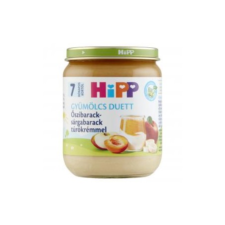 HiPP Gyümölcs Duett BIO őszibarack-sárgabarack túrókrémmel bébidesszert 7 hónapos kortól 160 g